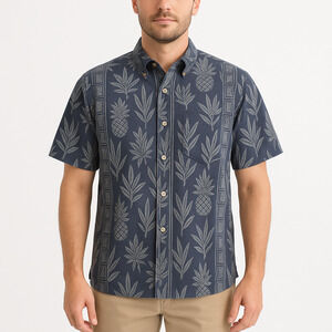 Reyn Spooner Blue Short Sleeve Button Down Pineapple Leaf Hawaiian Shirt Medium‎